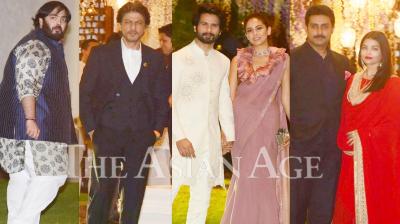 On Sunday night, Mukesh Ambani threw a grand pre-wedding bash for sister Nina Kothari's daughter Nayantara Kothari at his residence Antilia. The party was a star-studded affair as many Bollywood celebrities like Shah Rukh Khan, Aishwarya Rai Bachchan, Shahid Kapoor, Abhishek Bachchan and others attended the same. (Photos: Viral Bhayani)